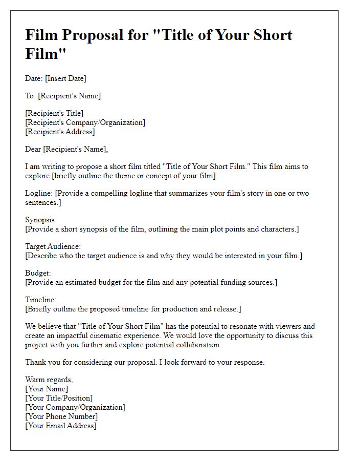 Letter template of film proposal for a short film.