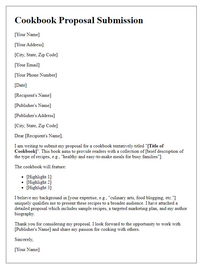 Letter template of cook book proposal submission