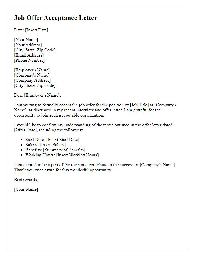 Letter template of job offer acceptance with acknowledgment of terms.