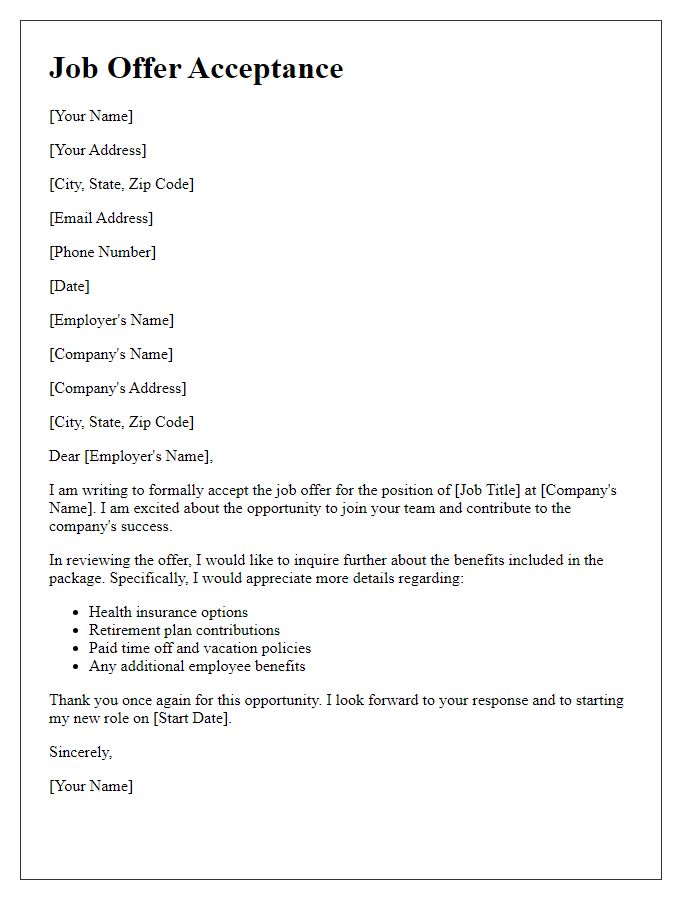 Letter template of job offer acceptance with inquiries about benefits.