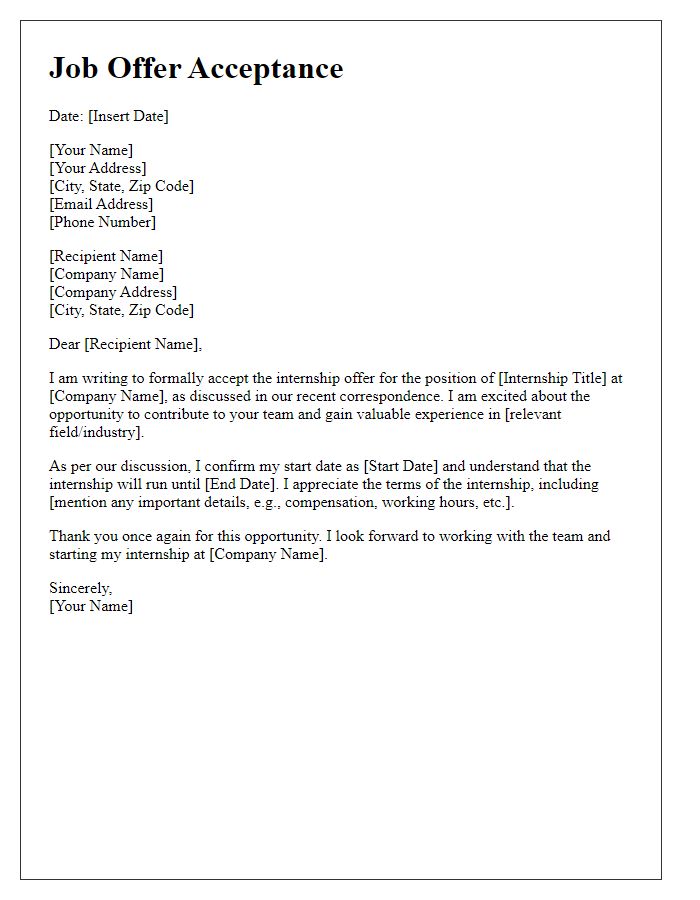 Letter template of job offer acceptance for an internship.