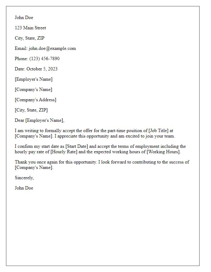 Letter template of job offer acceptance for a part-time position.