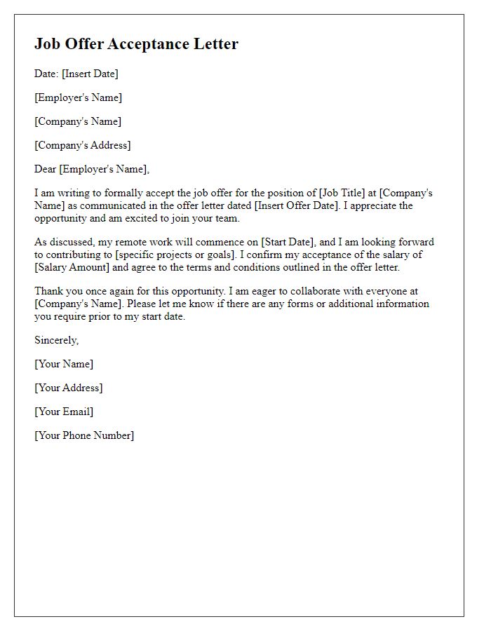 Letter template of job offer acceptance for remote work.