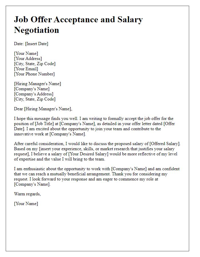 Letter template of job offer acceptance with salary negotiation.