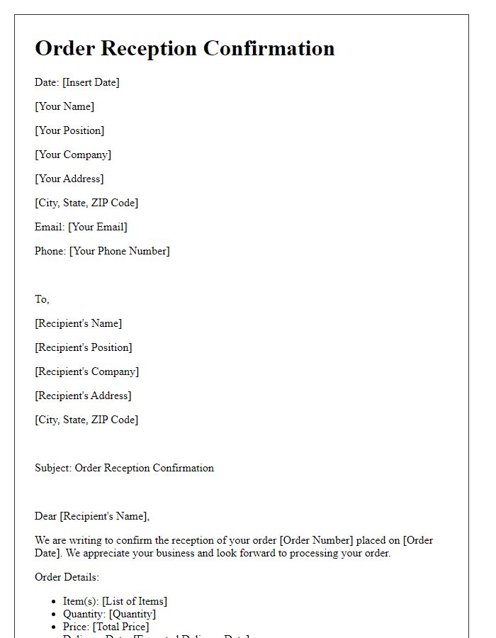 Letter template of formal order reception confirmation