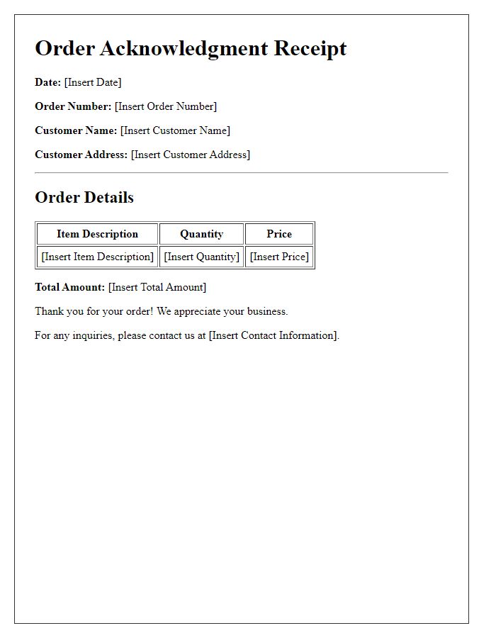 Letter template of order acknowledgment receipt for customer