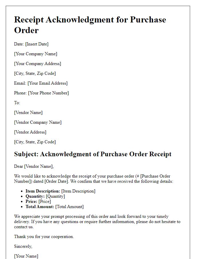 Letter template of receipt acknowledgment for purchase order