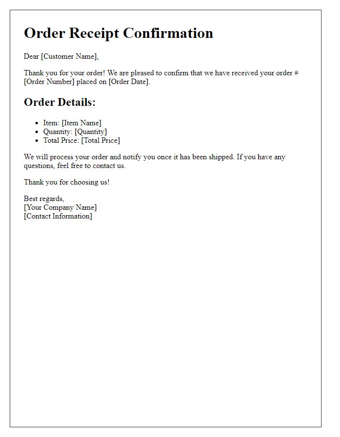 Letter template of receipt confirmation for your order