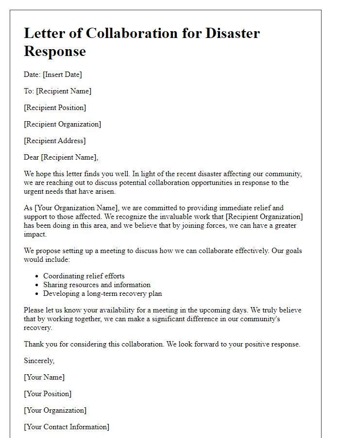 Letter template of disaster response collaboration