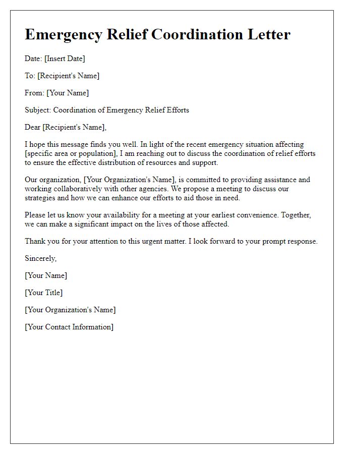 Letter template of emergency relief coordination