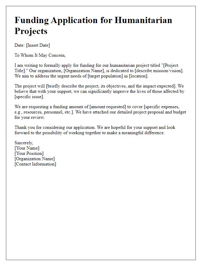 Letter template of funding application for humanitarian projects