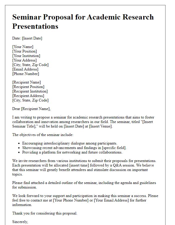 Letter template of a seminar proposal for academic research presentations.