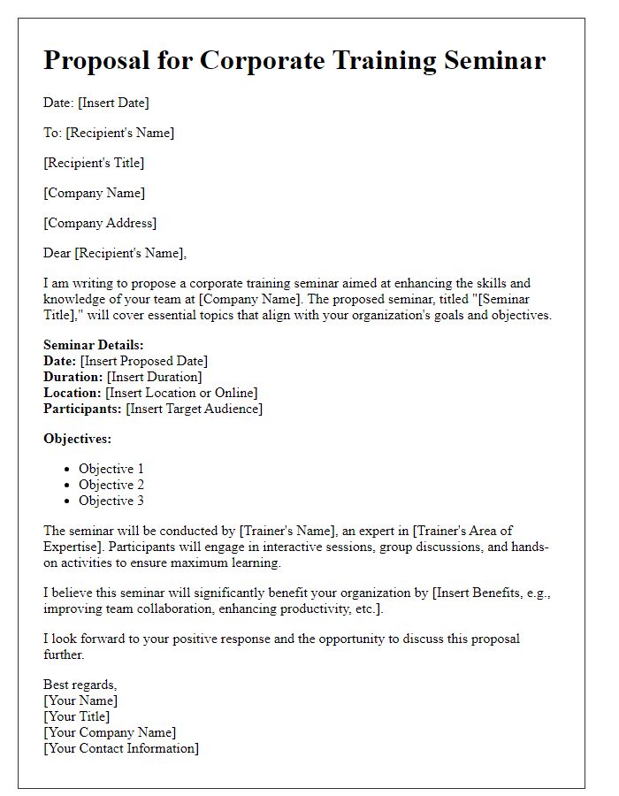 Letter template of a seminar proposal for corporate training.