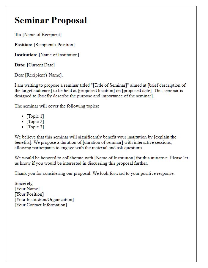 Letter template of a seminar proposal for educational institutions.