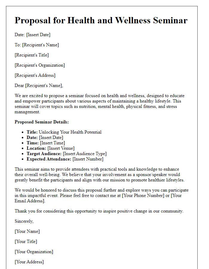 Letter template of a seminar proposal for health and wellness events.