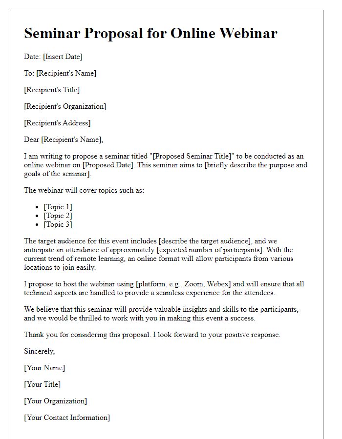 Letter template of a seminar proposal for online webinars.