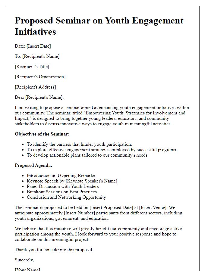 Letter template of a seminar proposal for youth engagement initiatives.