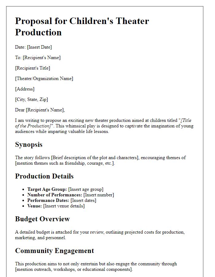 Letter template of theater production proposal for children's theater.