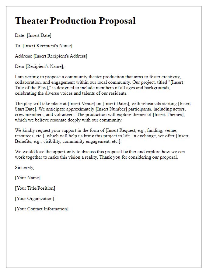 Letter template of theater production proposal for a community play.