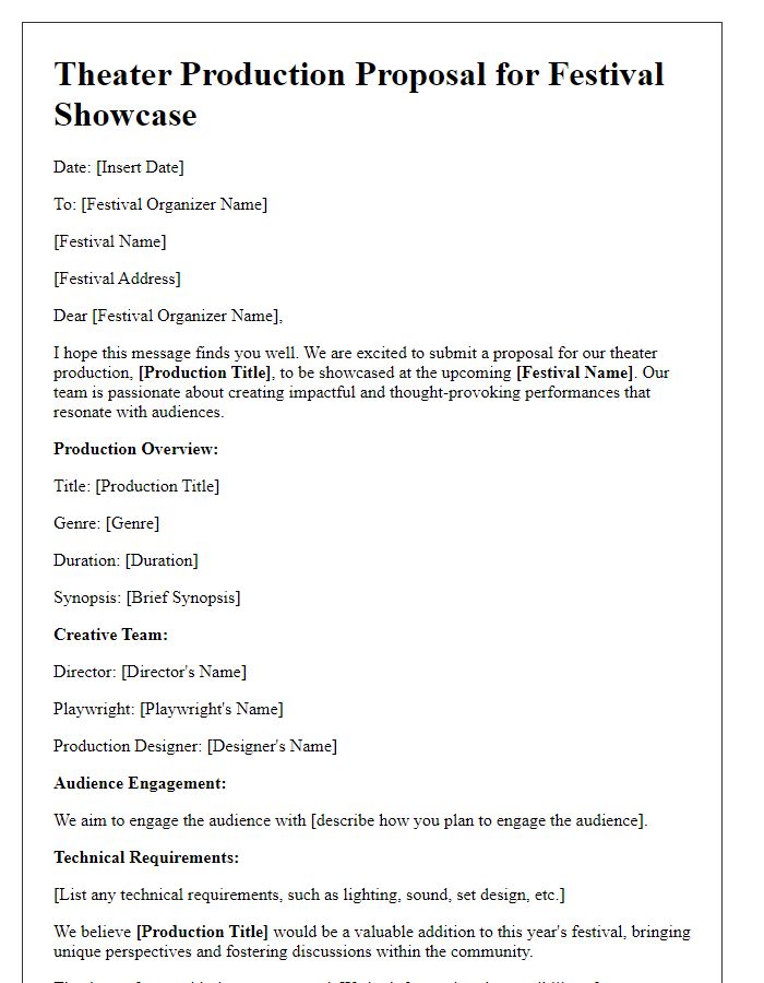 Letter template of theater production proposal for a festival showcase.