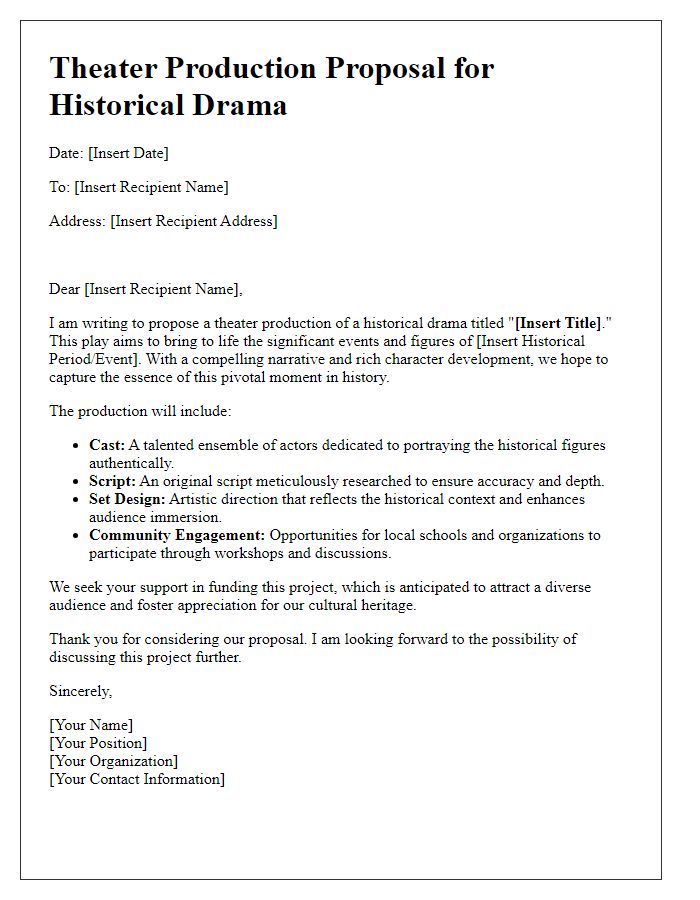 Letter template of theater production proposal for a historical drama.