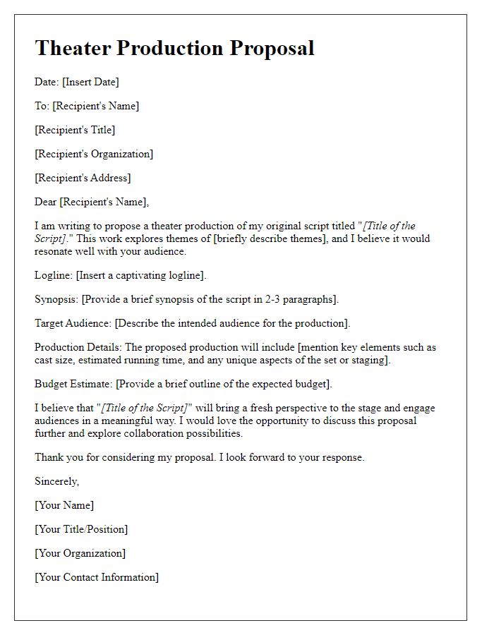 Letter template of theater production proposal for an original script.