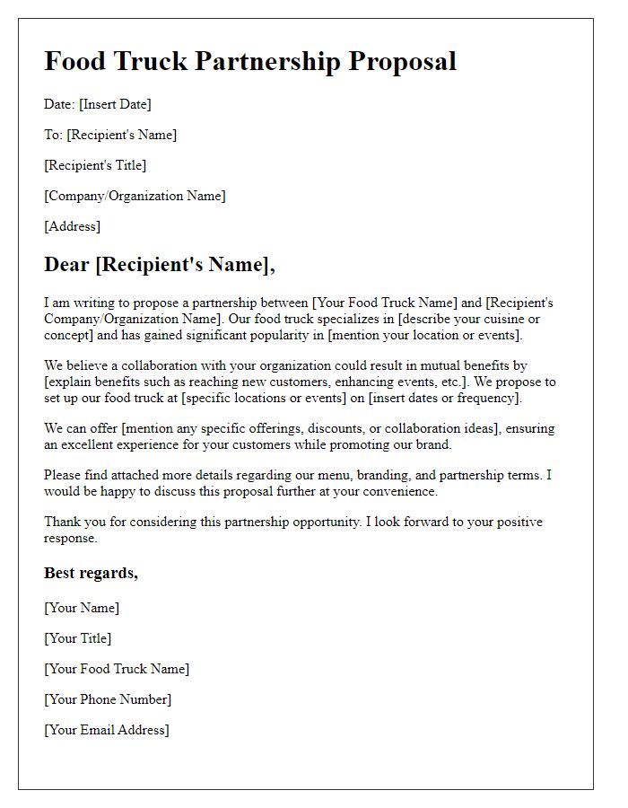 Letter template of food proposal for a food truck partnership.