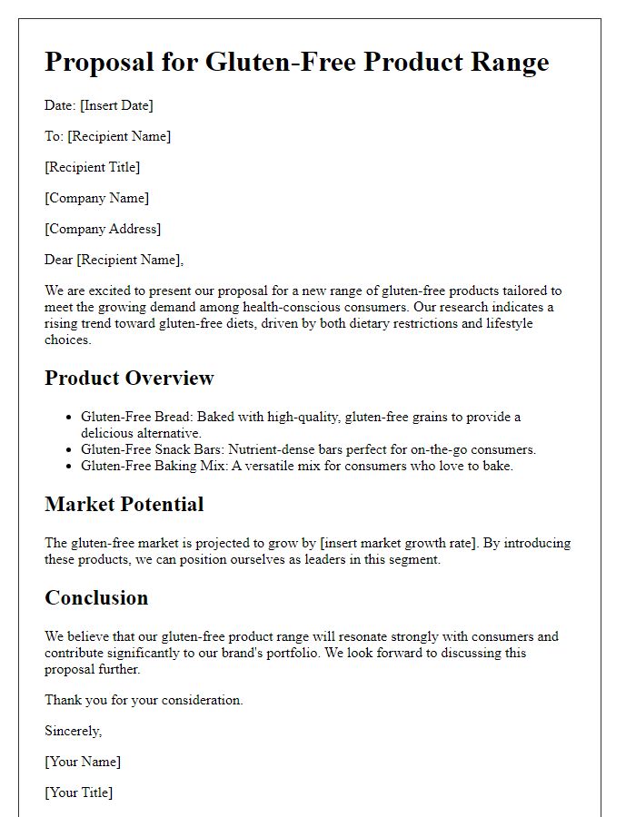 Letter template of food proposal for a gluten-free product range.