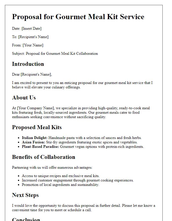 Letter template of food proposal for a gourmet meal kit service.