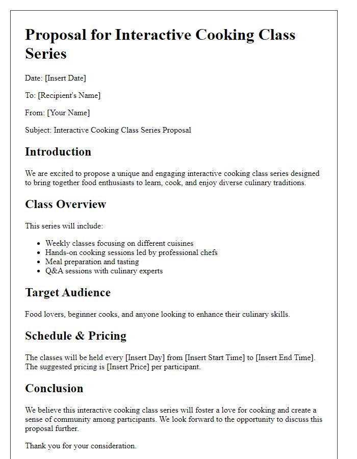 Letter template of food proposal for an interactive cooking class series.