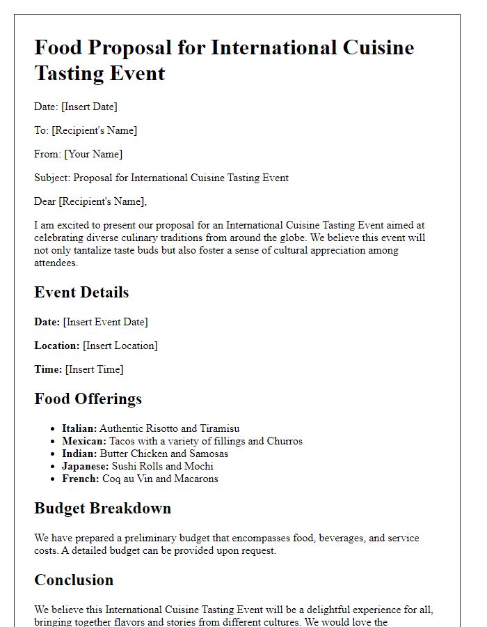 Letter template of food proposal for an international cuisine tasting event.