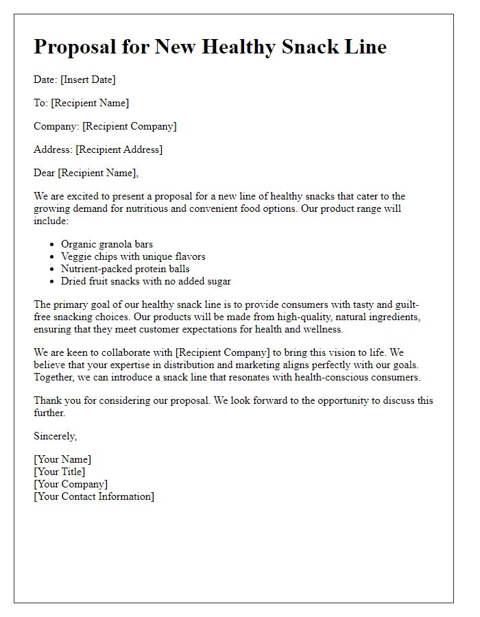 Letter template of food proposal for a new healthy snack line.