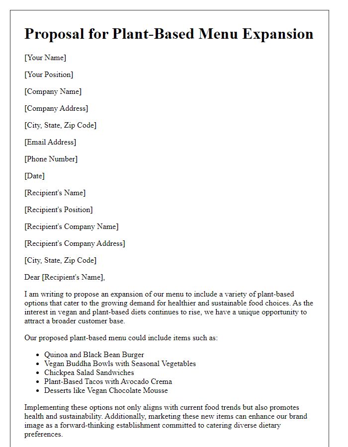 Letter template of food proposal for a plant-based menu expansion.