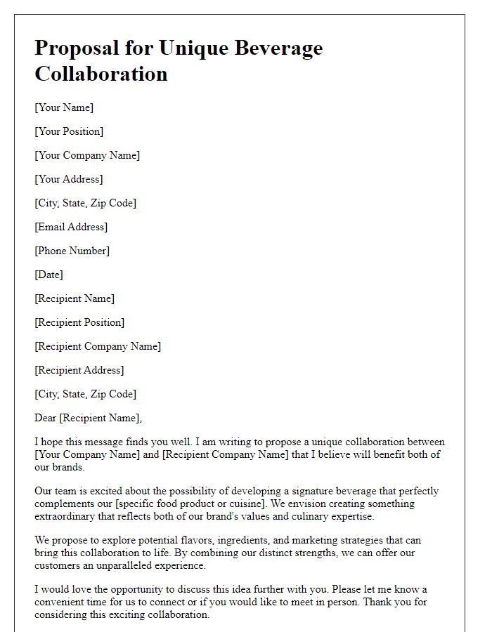 Letter template of food proposal for a unique beverage collaboration.