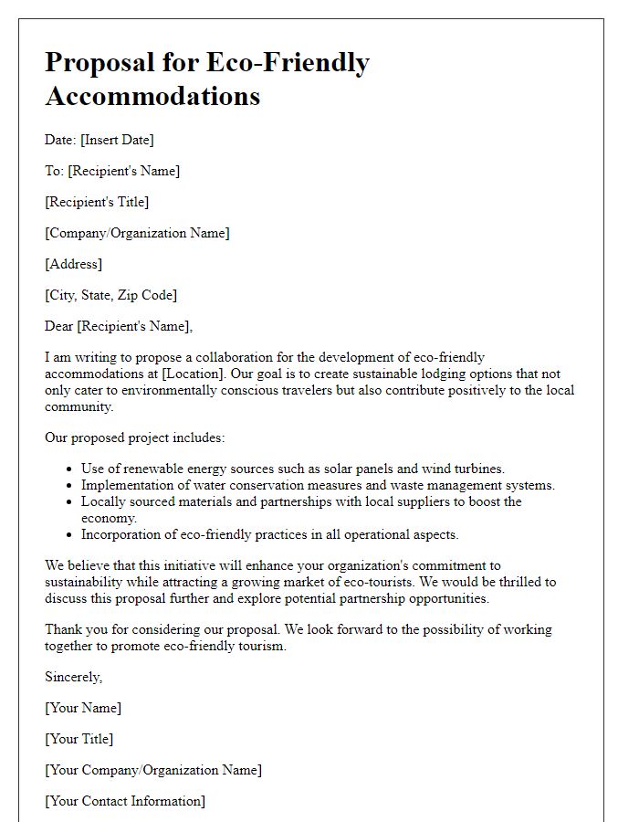 Letter template of a tourism proposal for eco-friendly accommodations.