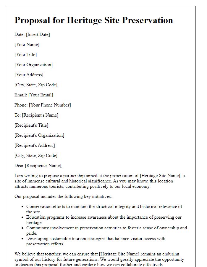 Letter template of a tourism proposal for heritage site preservation.