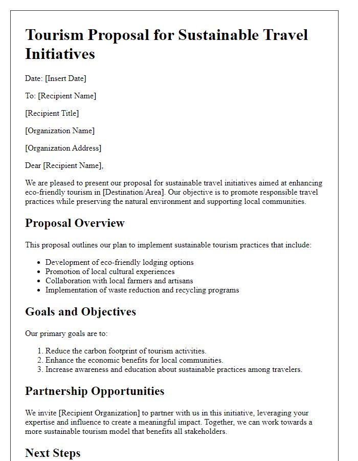 Letter template of a tourism proposal for sustainable travel initiatives.