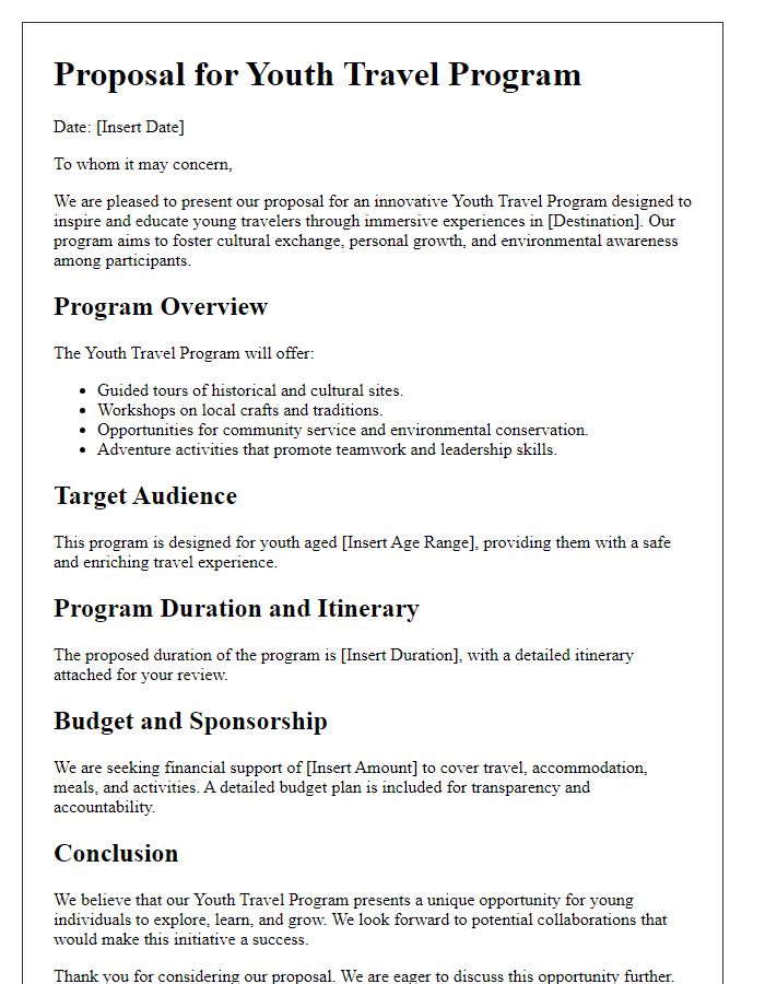 Letter template of a tourism proposal for youth travel programs.