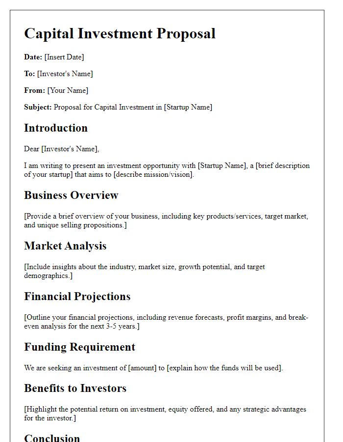 Letter template of capital investment proposal for startups