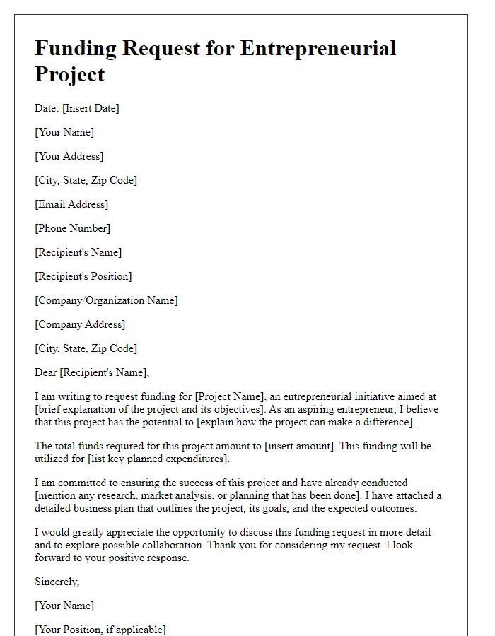 Letter template of funding request for entrepreneurial project