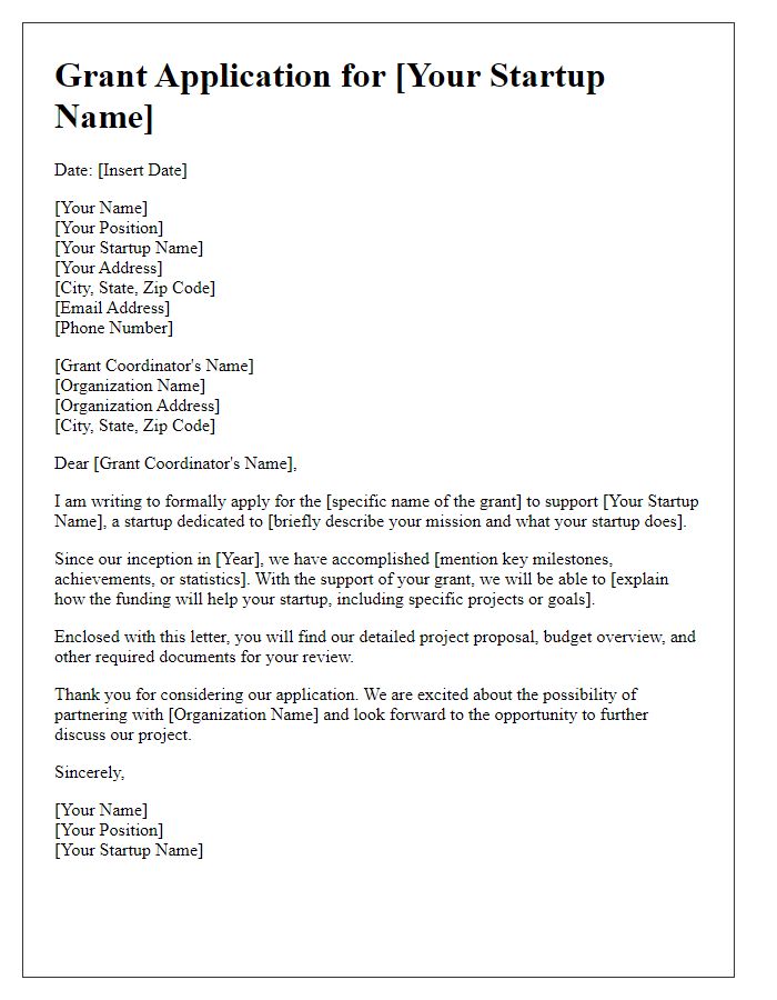 Letter template of grant application for startup funding