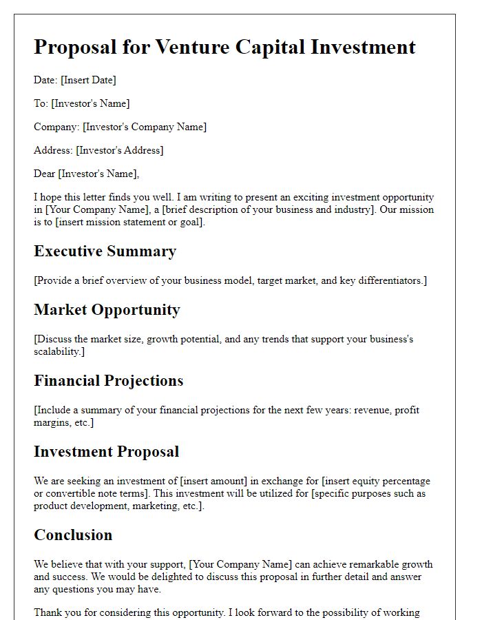 Letter template of proposal for venture capital investment