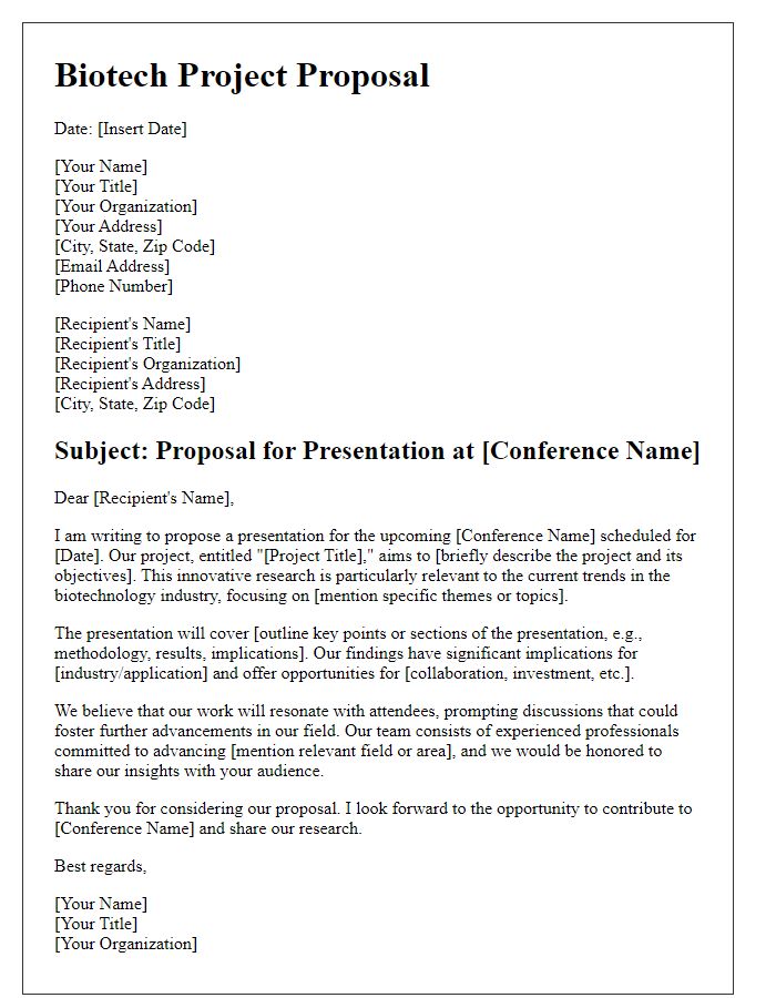 Letter template of biotech project proposal for industry conference presentation.