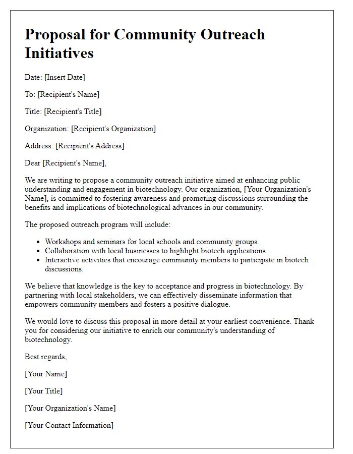 Letter template of biotech proposal for community outreach initiatives.