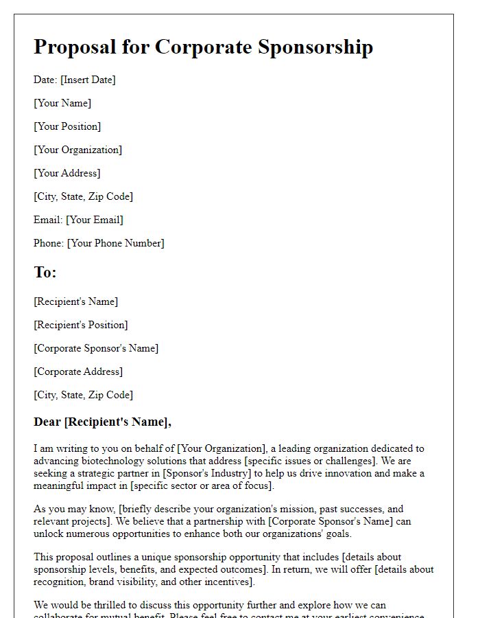 Letter template of biotech proposal for corporate sponsorship.