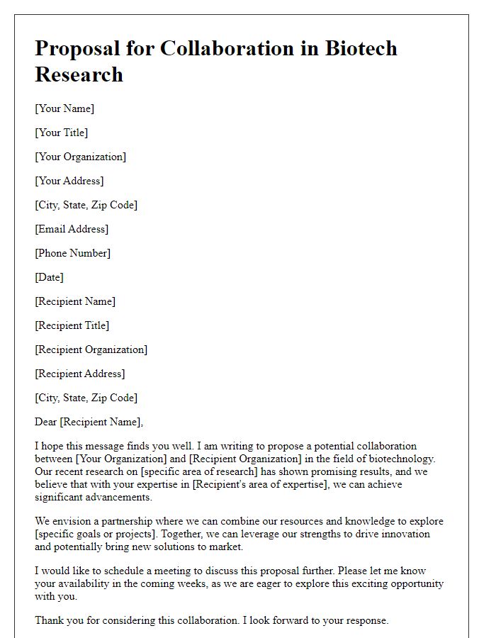 Letter template of biotech proposal to potential collaborators.