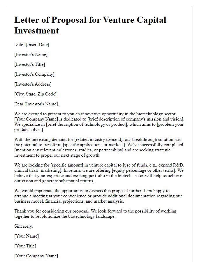 Letter template of biotech proposal to seek venture capital investment.