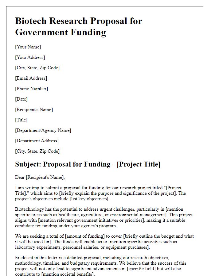 Letter template of biotech research proposal for government funding.