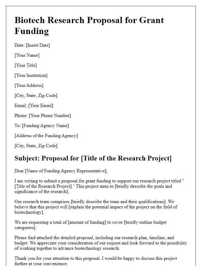 Letter template of biotech research proposal for grant funding.