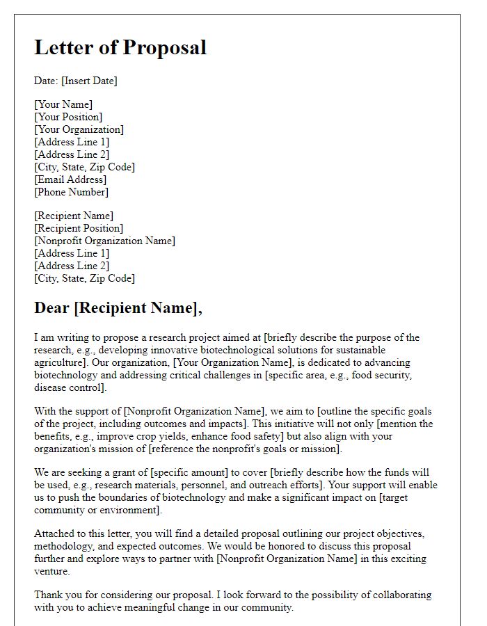 Letter template of biotech research proposal for nonprofit organization support.